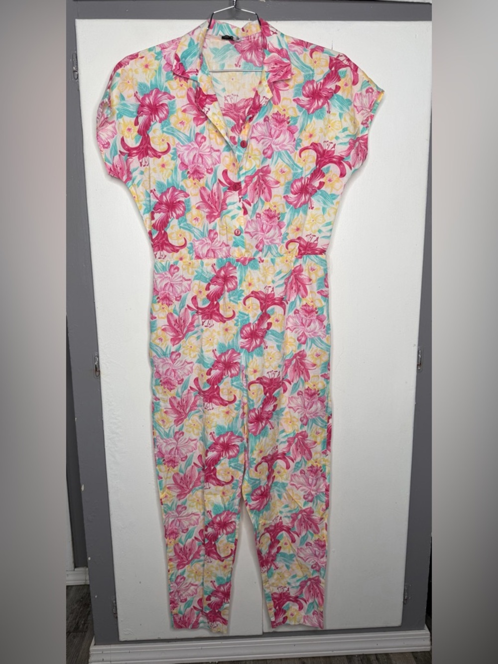 Village Fair women vintage Tropical Floral Button-Up Jumpsuit Pink & Aqua XL 60s